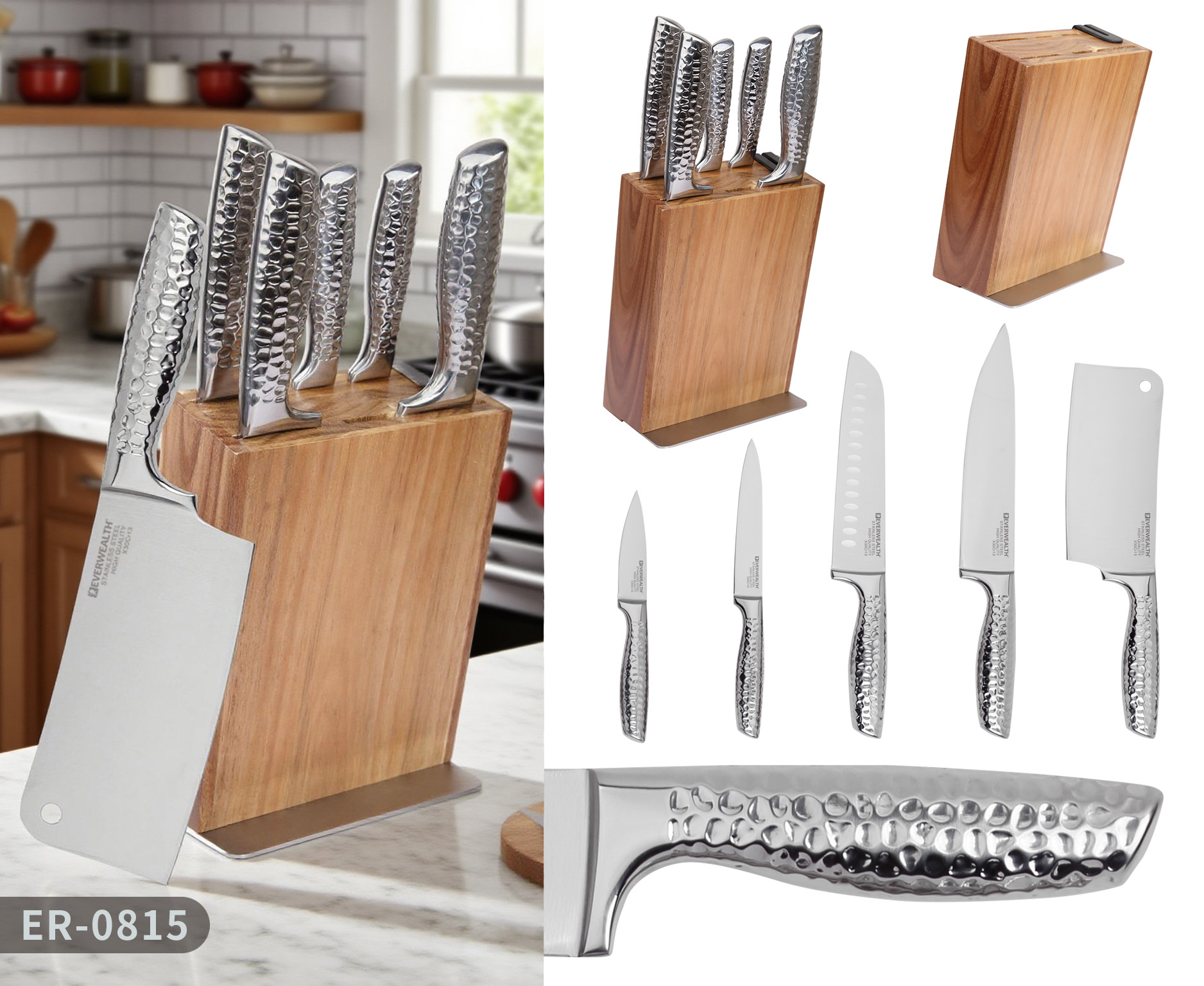 5 Pcs Hollow Handle Stainless Steel Knife Set with wooden Block- S025