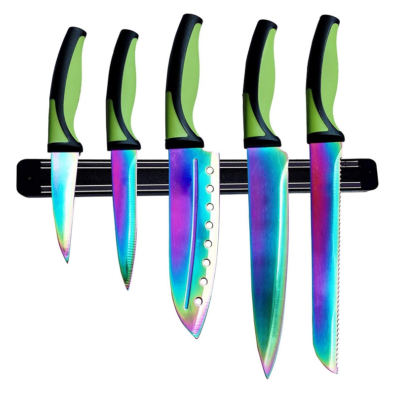 5 PCS Titanium Color Pakka Wood Handle Kitchen Knives Set With Magnetic Rack - P032-3