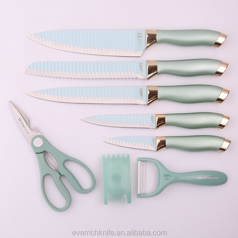 Non-stick Stainless Steel Coating Colourful Kitchen Knife Set With Plastic Handle - ER-0538A