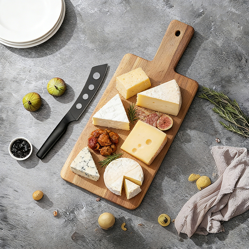 2 Pcs Hollow Handle Black oxidation cheese Knife Set with acacia cutting board