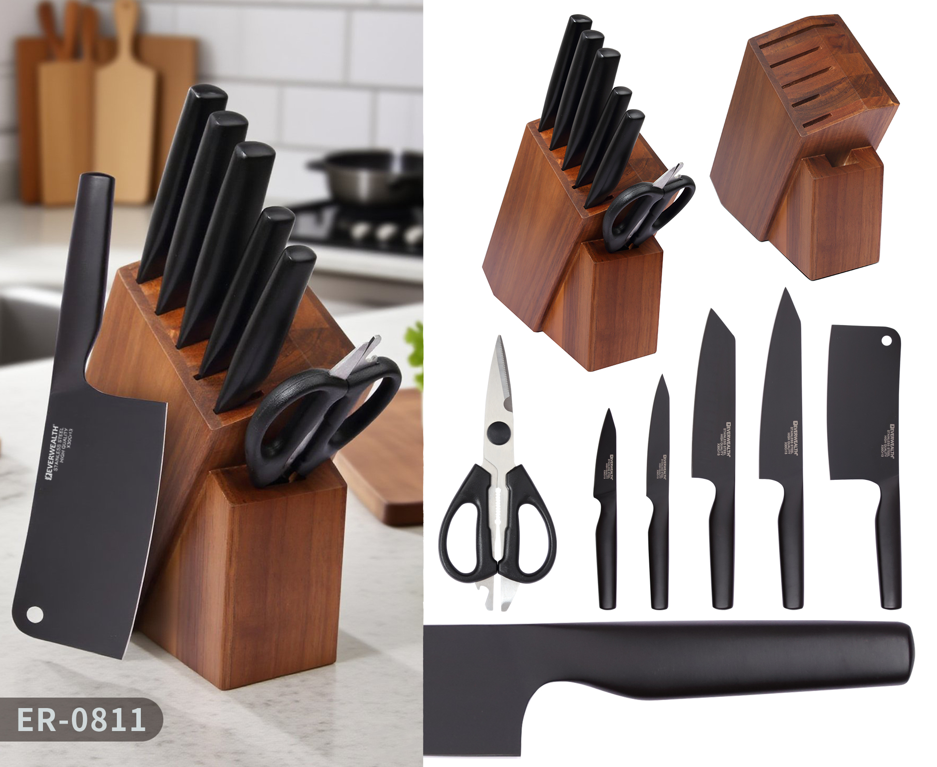 6 Pcs Hollow Handle Black oxidation Knife Set with wooden Block- ER0809