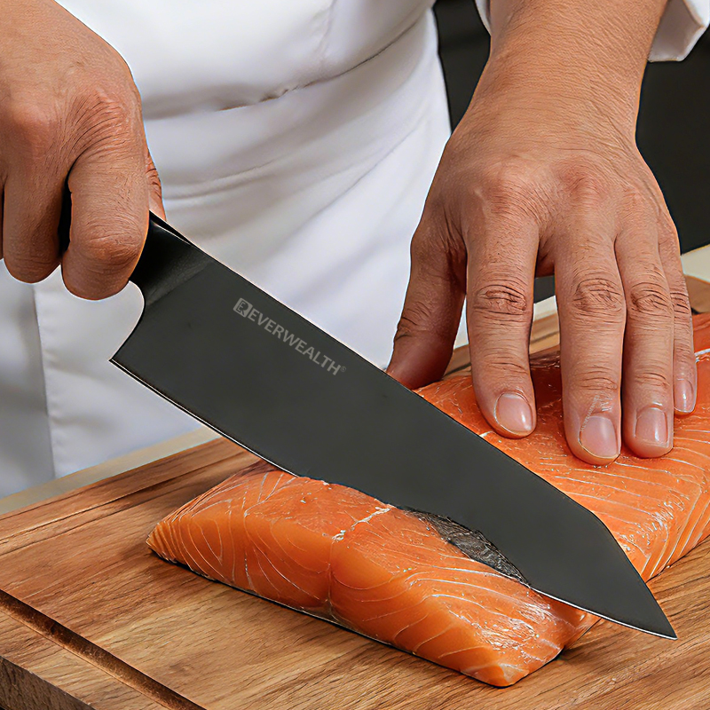 3 Pcs Hollow Handle Black oxidation Stainless Steel Knife Set with acacia cutting board- S023A