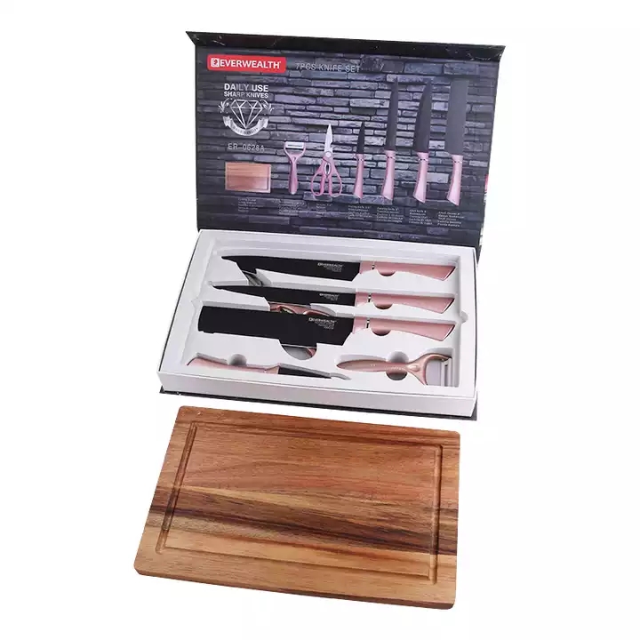 7 Pcs Stainless Steel Black Blade Knife Set With Cutting Board - ER-0628A