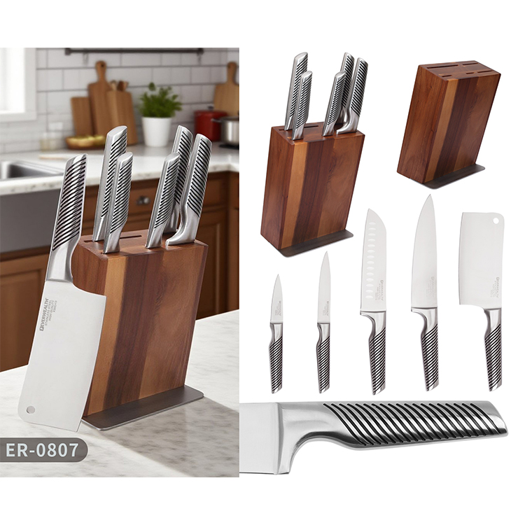 5 Pcs Hollow Handle Stainless Steel Knife Set with wooden Block- ER-0807