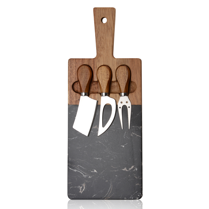 4pcs cheese Knife Set with acacia&rock plate cutting board