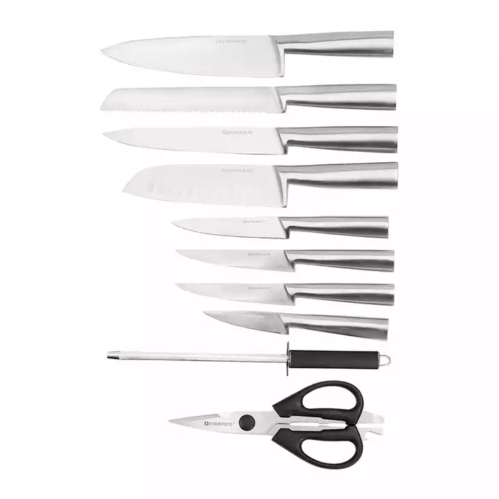 10 Pcs Stainless Steel Kitchen Knives Set With Wood Knife Block - S011B