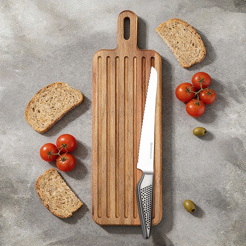 2 Pcs Hollow Handle non stick coating bread Knife Set with acacia cutting board