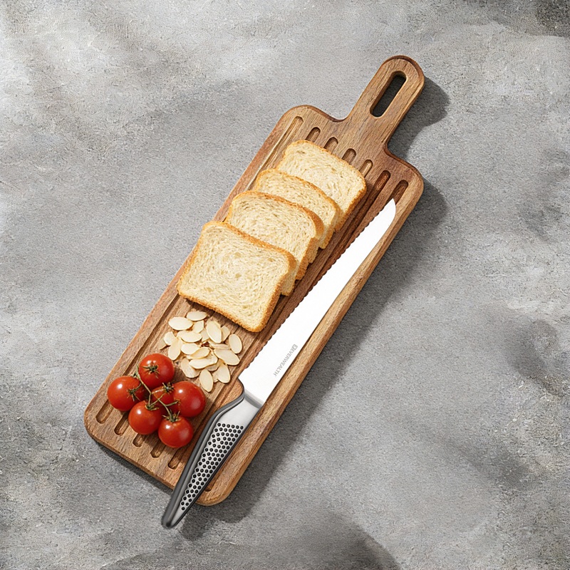 2 Pcs Hollow Handle non stick coating bread Knife Set with acacia cutting board