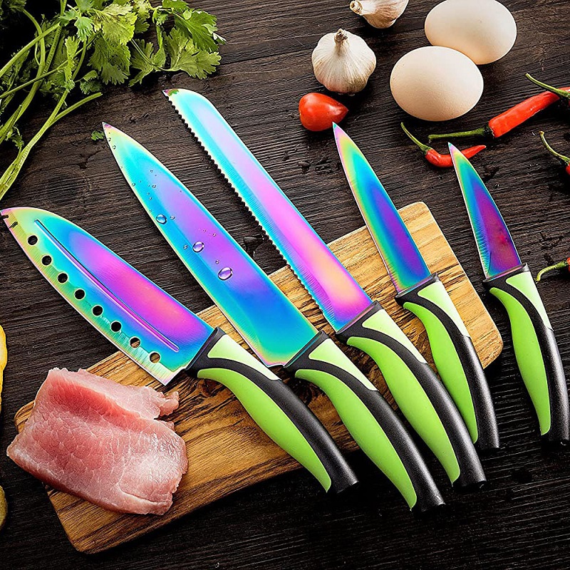 5 PCS Titanium Color Pakka Wood Handle Kitchen Knives Set With Magnetic Rack - P032-3