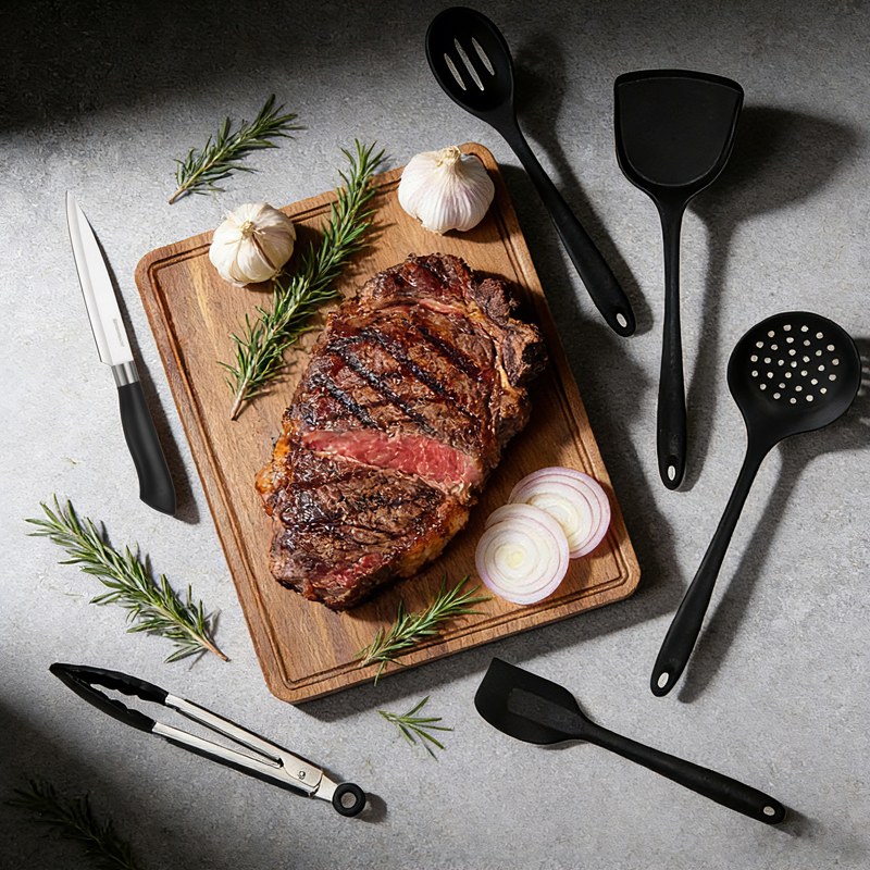 8pcs kitchen Knife Set with acacia cutting board and silicone utensils