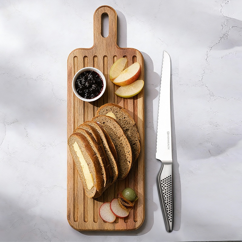 2 Pcs Hollow Handle non stick coating bread Knife Set with acacia cutting board