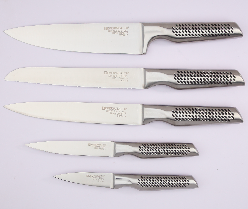 5 Pcs Hollow Handle Stainless Steel Knife Set with Stainless Steel Block- S021-1