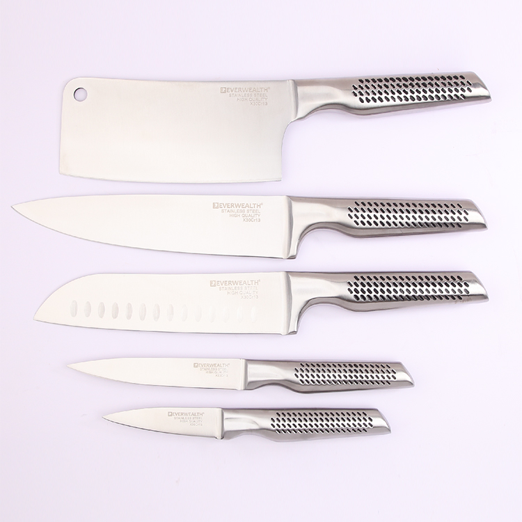 5 Pcs Hollow Handle Stainless Steel Knife Set with stainless steel Block- S021