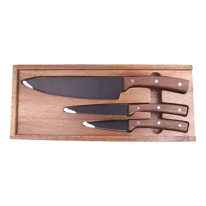 Black Oxide Coating Kitchen Knife Set With Walnut Wood Handle - SM015-L