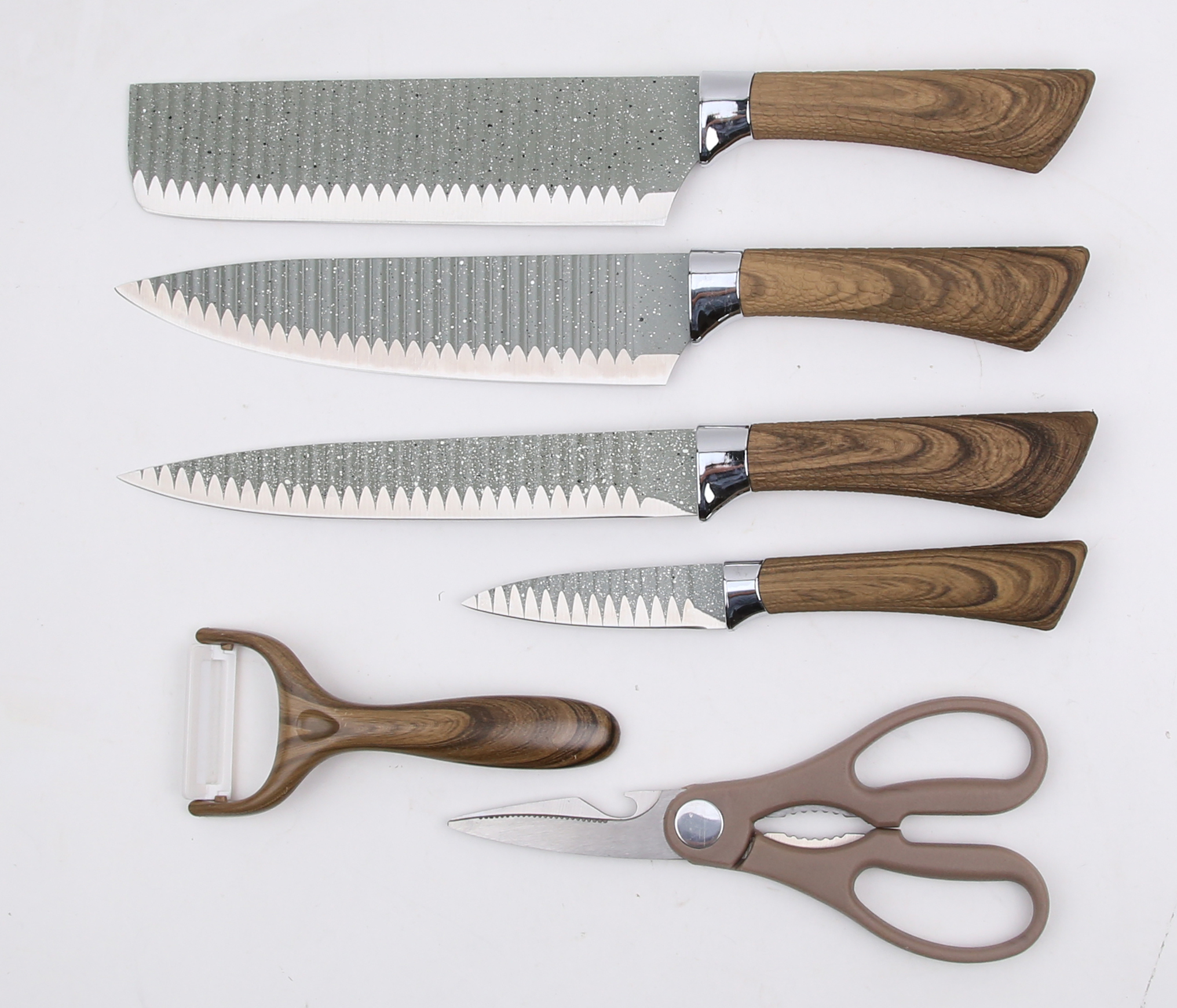 Wood Grain Coated Handle Kitchen Knife With Scissors And Peeler