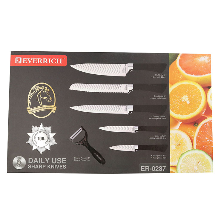 Polished And Embossed Stainless Steel Black Plastic Handle Kitchen Knife Set