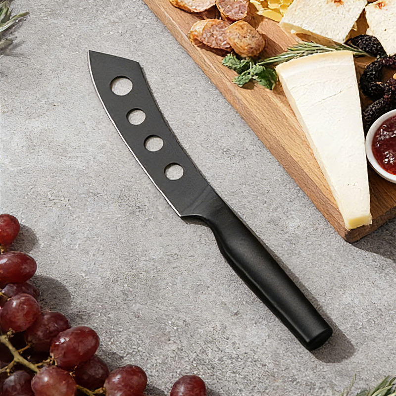 2 Pcs Hollow Handle Black oxidation cheese Knife Set with acacia cutting board