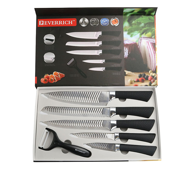 Polished And Embossed Stainless Steel Black Plastic Handle Kitchen Knife Set